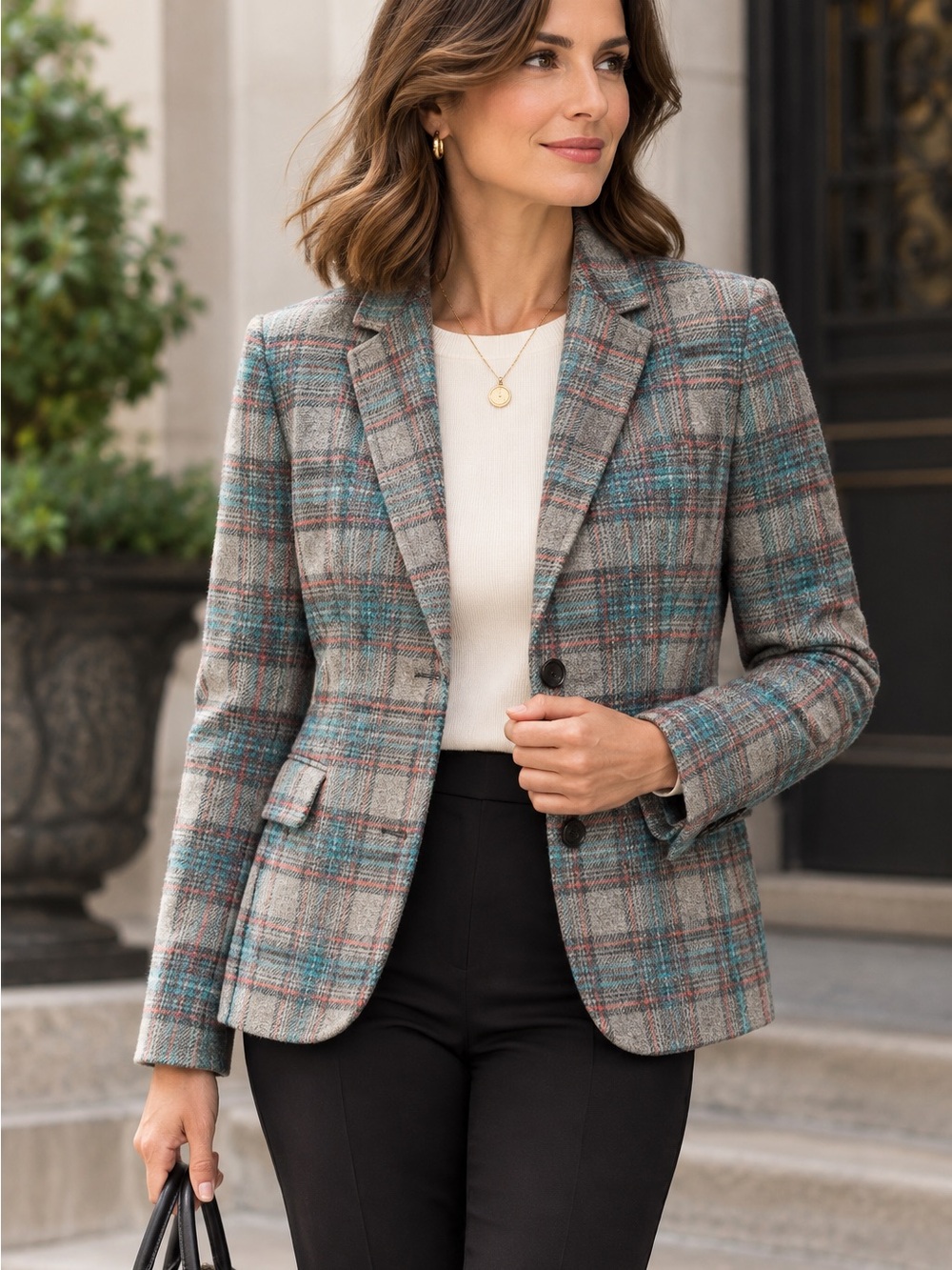 Talbots Wool Blend Plaid Blazer Size 8 Gray Teal Coral Preppy Classic Old Money